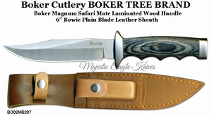 Boker Magnum BO02MB207 Safari Mate Fixed 6" Bowie Blade Laminated Wood Handle Leather Sheath