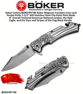 Boker Magnum BOK01RY188 Freedom Liner Lock Pocket Knife 3-1/2" 440 Stainless Steel Clip Point Plain Blade 8" Overall Textured American National symbol, the Bald Eagle, and the Stars and Stripes of the Flag Black Handle