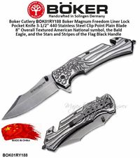 Boker Magnum BOK01RY188 Freedom Liner Lock Pocket Knife 3-1/2" 440 Stainless Steel Clip Point Plain Blade 8" Overall Textured American National symbol, the Bald Eagle, and the Stars and Stripes of the Flag Black Handle Boker Magnum BOK01RY188 Freedom Liner Lock Pocket Knife 3-1/2" 440 Stainless Steel Clip Point Plain Blade 8" Overall Textured American National symbol, the Bald Eagle, and the Stars and Stripes of the Flag Black Handle