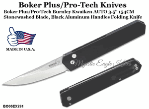 Boker Plu/Pro-Tech Knives BO06EX291 Boker Plus/ProTech Burnley Kwaiken AUTO Folding Knife 154CM Stonewashed Plain Blade Black Aluminum Handled Knife
