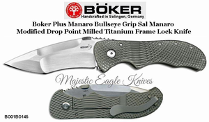 Boker Plus BO01BO145 Manaro Bullseye Grip Sal Manaro Modified Drop Point Milled Titanium Frame Lock Knife