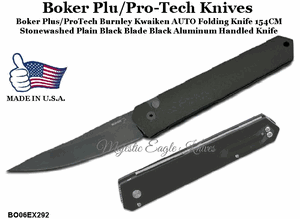 Boker Plus/Pro-Tech BO06EX292 Boker Burnley Kwaiken  3.5" 154CM Plain Black Blade, Black Aluminum Handled AUTO Folding Knife
