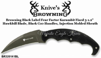 Browning BR320141BL Browning Black Label Fear Factor Karambit Fixed 3.5" Hawkbill Blade, Black G10 Handles, Injection Molded Sheath