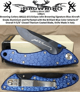 Browning BR322-072 Browning Cutlery Eclipse John Browning Signature Blue Aircraft Grade Aluminium Handle Knife                