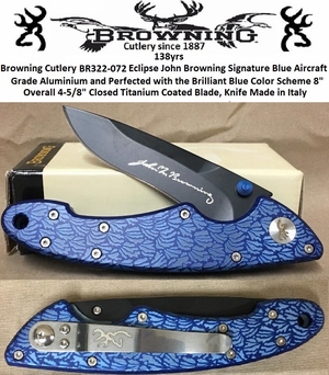 Browning BR322-072 Browning Cutlery Eclipse John Browning Signature Blue Aircraft Grade Aluminium Handle Knife Browning BR322-072 Browning Cutlery Eclipse John Browning Signature Blue Aircraft Grade Aluminium Handle Knife