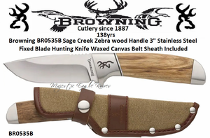 Browning BR0535B Sage Creek Zebra wood Handle 3" Stainless Steel Fixed Blade Hunting Knife Waxed Canvas Belt Sheath Included Browning BR0535B Sage Creek Zebra wood Handle 3" Stainless Steel Fixed Blade Hunting Knife Waxed Canvas Belt Sheath Included