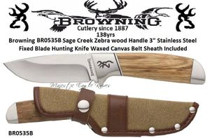 Browning BR0535B Sage Creek Zebra wood Handle 3" Stainless Steel Fixed Blade Hunting Knife Waxed Canvas Belt Sheath Included