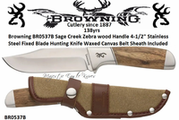 Browning Browning BR0537B Sage Creek Zebra wood Handle 4-1/2" Stainless Steel Fixed Blade Hunting Knife Waxed Canvas Belt Sheath Included