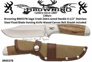 Browning Browning BR0537B Sage Creek Zebra wood Handle 4-1/2" Stainless Steel Fixed Blade Hunting Knife Waxed Canvas Belt Sheath Included