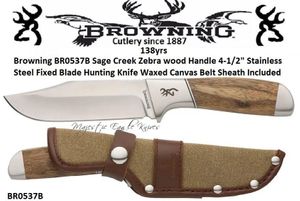 Browning Browning BR0537B Sage Creek Zebra wood Handle 4-1/2" Stainless Steel Fixed Blade Hunting Knife Waxed Canvas Belt Sheath Included