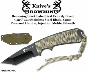 Browning Cutlery BR320130BL Browning Black Label First Priority Fixed 3.125" 440 Stainless Steel Blade, Camo Paracord Handle, Injection Molded Sheath