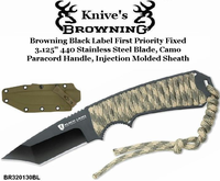Browning Cutlery BR320130BL Browning Black Label First Priority Fixed 3.125" 440 Stainless Steel Blade, Camo Paracord Handle, Injection Molded Sheath