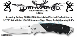 Browning Cutlery BR320138BL Black Label Tactical Perfect Storm 3-7/8" Satin finish 154CM Stainless Steel Blade. Assist Opening Knife Browning Cutlery BR320138BL Black Label Tactical Perfect Storm 3-7/8" Satin finish 154CM Stainless Steel Blade. Assist Opening Knife
