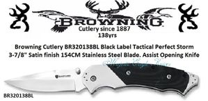 Browning Cutlery BR320138BL Black Label Tactical Perfect Storm 3-7/8" Satin finish 154CM Stainless Steel Blade. Assist Opening Knife