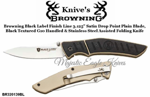 Browning Cutlery BR320139BL Browning Black Label Finish Line 3.125" Satin Drop Point Plain Blade, Black Textured G10 Handled &  Stainless Steel Assisted Folding Knife