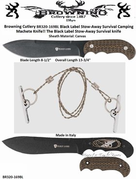 Browning Cutlery BR320169BL Black Label Stow-Away Survival Camping Machete Knife