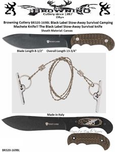 Browning Cutlery BR320169BL Black Label Stow-Away Survival Camping Machete Knife