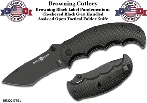 Browning Cutlery BR320177BL Browning Black Label Pandemonium 3-1/2" 440 Stainless Steel Recurve Tanto Black Plain Blade, Black G10 Handle Assisted Folding Knife        