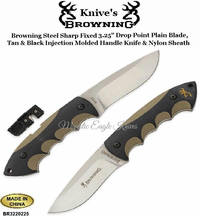 Browning Cutlery BR3220225 Browning Steel Sharp Fixed 3.25" Drop Point Blade, Tan Injection Molded Handles, Nylon Sheath