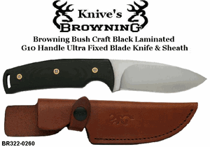 Browning Cutlery BR3220260 Browning Bush Craft Ultra Black G10 Handled Fixed Blade Full Tang Knife & Brown Leather Sheath