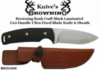 Browning Cutlery BR3220260 Browning Bush Craft Ultra Black G10 Handled Fixed Blade Full Tang Knife & Brown Leather Sheath