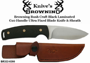 Browning Cutlery BR3220260 Browning Bush Craft Ultra Black G10 Handled Fixed Blade Full Tang Knife & Brown Leather Sheath