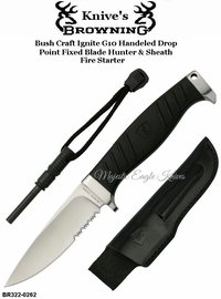 Browning Cutlery BR3220262 Browning Bush Craft Ignite Black G10 Handle Fixed Serrated Drop Blade Knife w/ Sheath