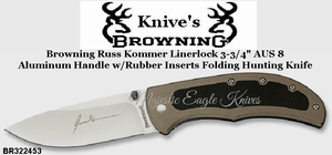 Browning Cutlery BR322453 Browning Russ Kommer Linerlock 3-3/4" AUS 8 Aluminum Handle w/Rubber Inserts Folding Hunter Knife