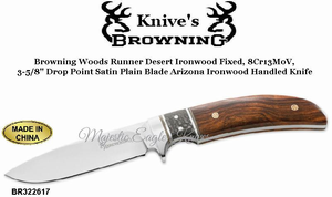 Browning Cutlery BR322617 Browning Woods Runner Desert Ironwood Fixed, 8Cr13MoV, 3-5/8" Drop Point Satin Plain Blade Arizona Ironwood Handled Knife Browning Cutlery BR322617 Browning Woods Runner Desert Ironwood Fixed, 8Cr13MoV, 3-5/8" Drop Point Satin Plain Blade Arizona Ironwood Handled Knife