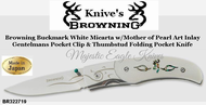 Browning Cutlery BR322719 Browning Buckmark White Micarta w/Mother of Pearl Art Inlay, Gentleman's Pocket Clip & Thumb stud Folding Pocket Knife
