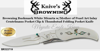 Browning Cutlery BR322719 Browning Buckmark White Micarta w/Mother of Pearl Art Inlay, Gentleman's Pocket Clip & Thumb stud Folding Pocket Knife