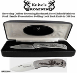 Browning Cutlery BR322808 Browning Buckmark Deer Etched Stainless Steel Handle Presentation Folding Lock Back Knife & Gift Box