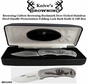 Browning Cutlery BR322808 Browning Buckmark Deer Etched Stainless Steel Handle Presentation Folding Lock Back Knife & Gift Box