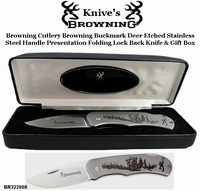 Browning Cutlery BR322808 Browning Buckmark Deer Etched Stainless Steel Handle Presentation Folding Lock Back Knife & Gift Box