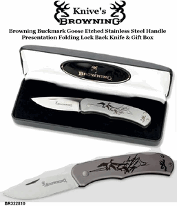 Browning Cutlery BR322810 Browning Buckmark Goose Etched Stainless Steel Handle Presentation Folding Lock Back Knife & Gift Box