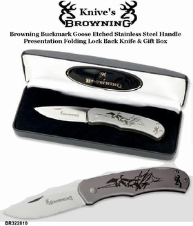 Browning Cutlery BR322810 Browning Buckmark Goose Etched Stainless Steel Handle Presentation Folding Lock Back Knife & Gift Box