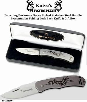 Browning Cutlery BR322810 Browning Buckmark Goose Etched Stainless Steel Handle Presentation Folding Lock Back Knife & Gift Box