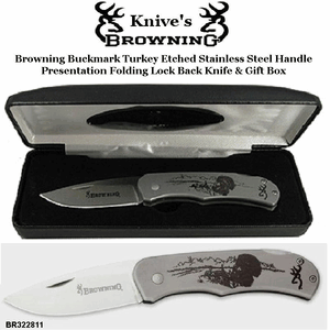 Browning Cutlery BR322811 Browning Buckmark Turkey Etched Stainless Steel Handle Presentation Folding Lock Back Knife & Gift Box