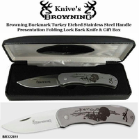 Browning Cutlery BR322811 Browning Buckmark Turkey Etched Stainless Steel Handle Presentation Folding Lock Back Knife & Gift Box