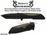Browning Cutlery Browning BR322-0267 Browning Black Label Eradicate Tan & Black G10 Handle Tanto Plain Blade Linerlock Pocket Folder Knife 