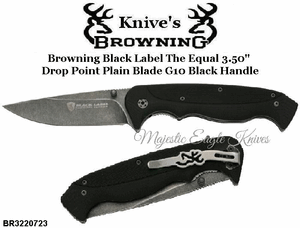 Browning Cutlery Browning BR322-0273 Browning Black Label The Equal Folding Knife 3.5" Drop Point 7Cr17MoV Stainless Steel Blade Black G-10 Handle
