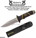 Browning Cutlery Browning BR322-353 Browning Long Haul Hunting Knife Fixed 4.5" Gray Plain Blade, Black/Orange Polymer Handles, Nylon Sheath
