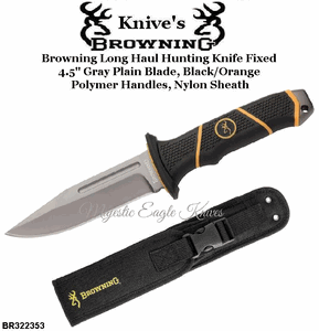 Browning Cutlery Browning BR322-353 Browning Long Haul Hunting Knife Fixed 4.5" Gray Plain Blade, Black/Orange Polymer Handles, Nylon Sheath