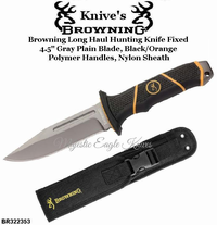 Browning Cutlery Browning BR322-353 Browning Long Haul Hunting Knife Fixed 4.5" Gray Plain Blade, Black/Orange Polymer Handles, Nylon Sheath