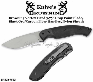 Browning Cutlery Browning BR322-7532 Browning Vortex Fixed blade, 3 3/4" 440 Stainless Drop Point Blade, Black G-10 Handles 