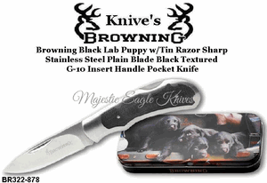 Browning Cutlery Browning BR322-878 Browning Black Lab Puppy w/Tin Razor Sharp  Stainless Steel Plain Blade Black Textured  G-10 Insert Handle Pocket Knife