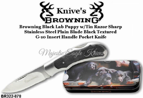 Browning Cutlery Browning BR322-878 Browning Black Lab Puppy w/Tin Razor Sharp  Stainless Steel Plain Blade Black Textured  G-10 Insert Handle Pocket Knife