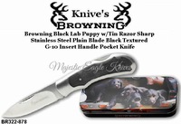 Browning Cutlery Browning BR322-878 Browning Black Lab Puppy w/Tin Razor Sharp  Stainless Steel Plain Blade Black Textured  G-10 Insert Handle Pocket Knife