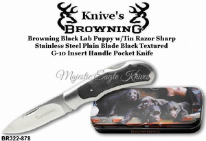 Browning Cutlery Browning BR322-878 Browning Black Lab Puppy w/Tin Razor Sharp  Stainless Steel Plain Blade Black Textured  G-10 Insert Handle Pocket Knife