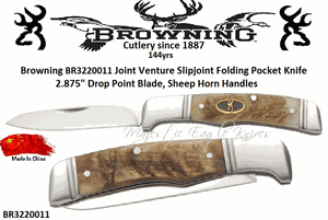 Browning Cutlery Presents The BR3220011 Joint Venture Slip Joint Folding Pocket Knife 2.875" Drop Point Blade, Sheep Horn Handles